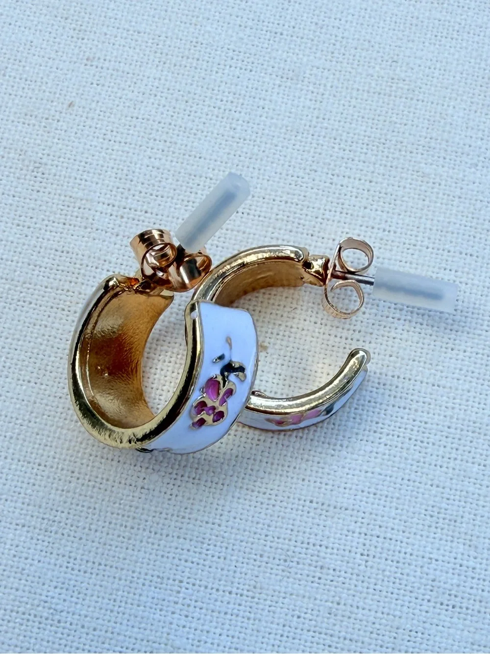 Gold White Enamel Hoop Earrings with Pink Flower Detail